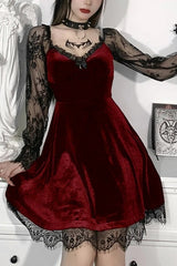 Dark Gothic Solid Color Bandeau Long - sleeved Lace - stitched Mini Dress