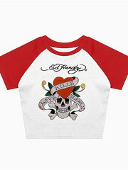 Skull Rose Graphic Vintage Slim T-shirt