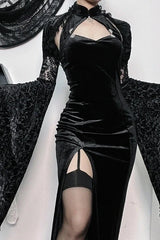 Halloween Gothic Vintage Velvet Spider Web Flare Sleeve Maxi Dress