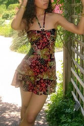 Halter Bandeau Retro Print Color Block Mini Dress