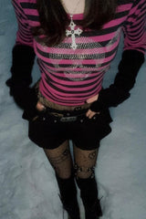 Elastic Long Sleeve Striped T-Shirt