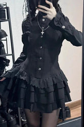 Dark Lace Patchwork Button Front Ruffle Mini Dress