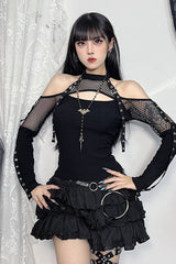 Mesh Patchwork Off Shoulder T-Shirt