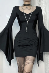 Goth Dark Batwing Sleeve Pleat Bodycon Mini Dress