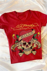 Dark Vintage Skull Rose Print T-shirt