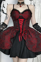 Dark Gothic Lolita Lace Patchwork High Waist Mini Dress