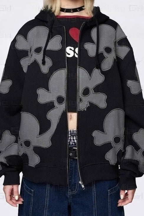 Dark Skull Print Y2K Zip-Up Hoodie Main image