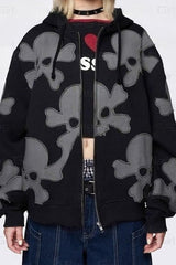 Dark Skull Print Y2K Zip-Up Hoodie