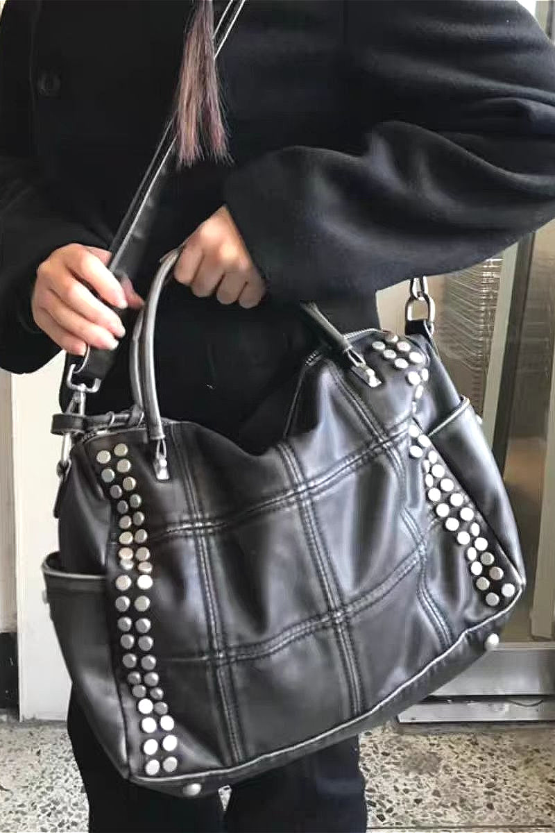 Vintage Plaid Studded Crossbody Bag