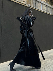 Long Belted Patent Leather Long Coat