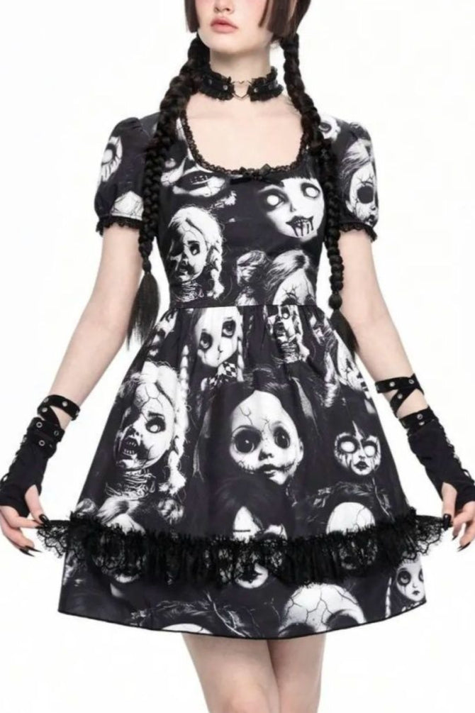 Doll Print Lace Trim Mini Dress
