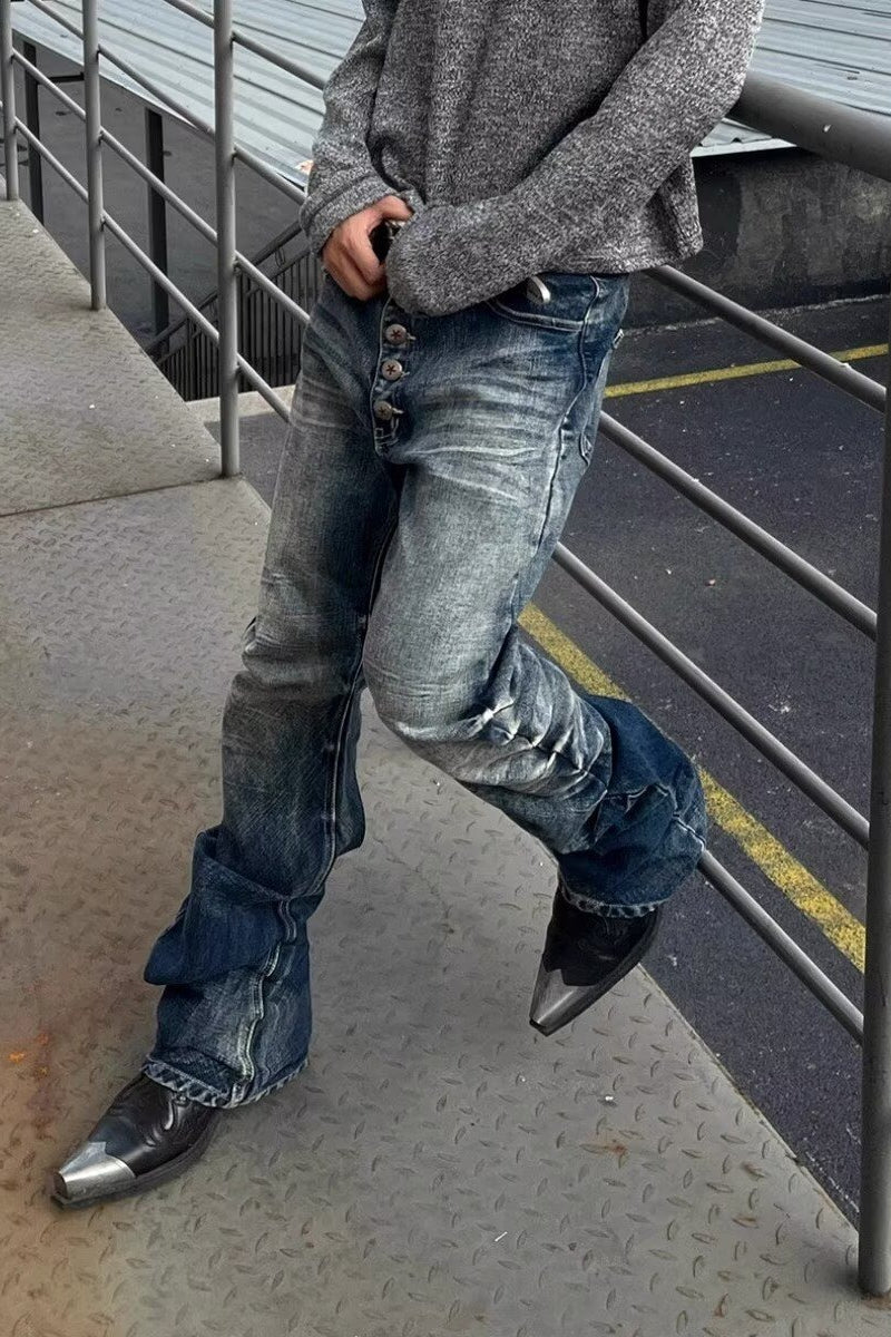 Street Punk Vintage Distressed Curved Denim Pants Secondary image