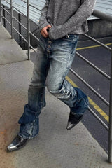 Street Punk Vintage Distressed Curved Denim Pants