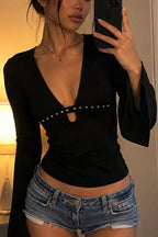 Studded Deep V Neck Crop Tops