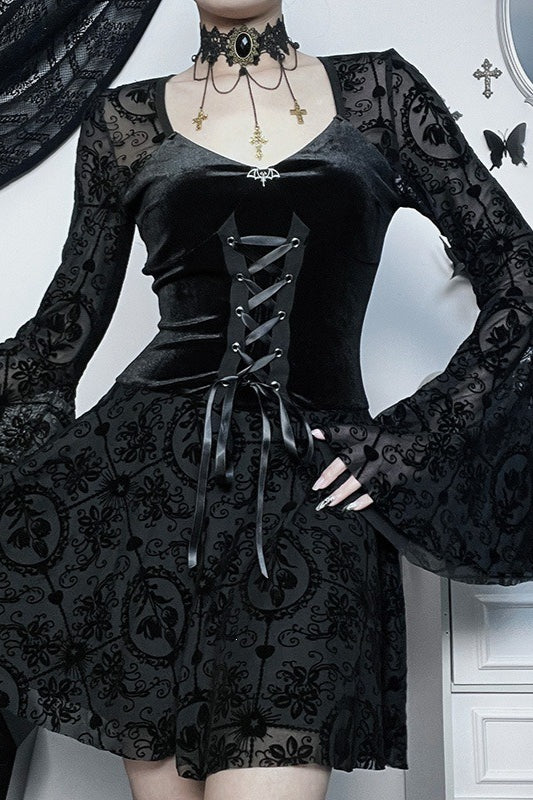 Flocked Lace Bell Sleeve Mini Dress