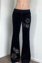 Star Studded Ribbed Trim Drawstring Velvet Pants