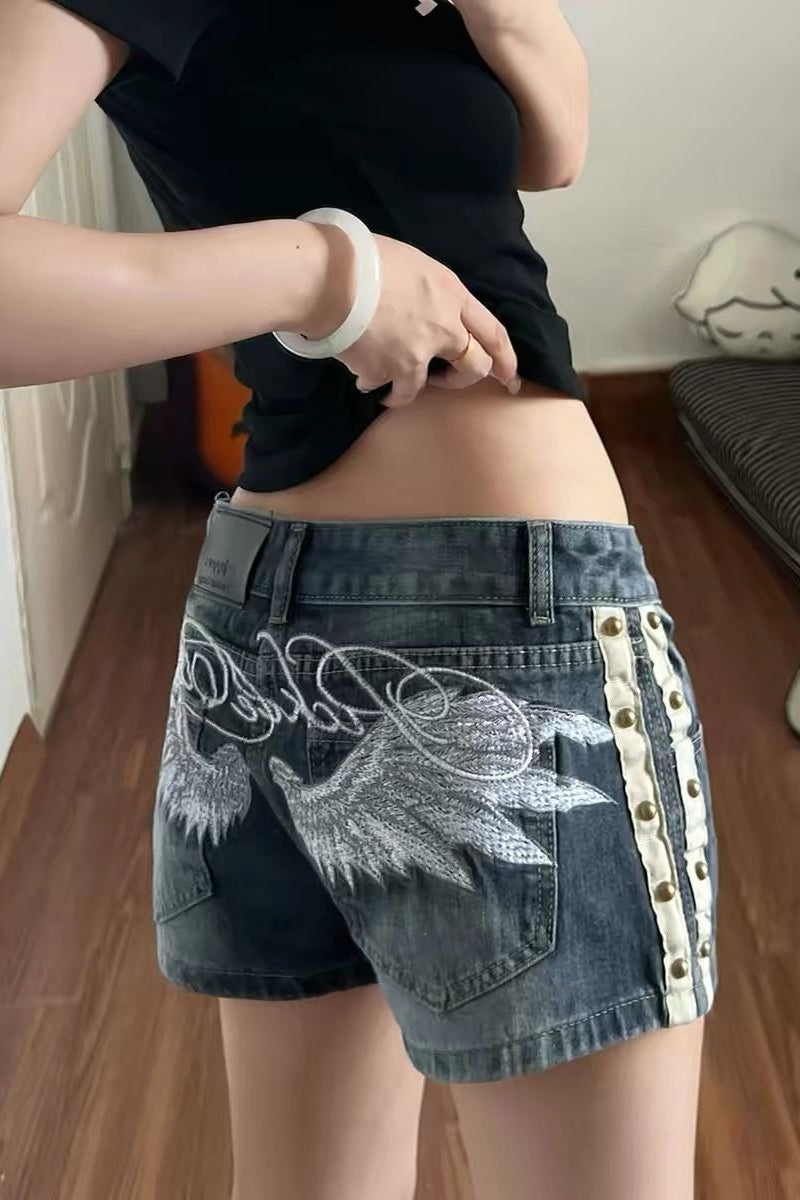 Angel Wing Embroidered Denim Hot Pants