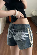 Angel Wing Embroidered Denim Hot Pants
