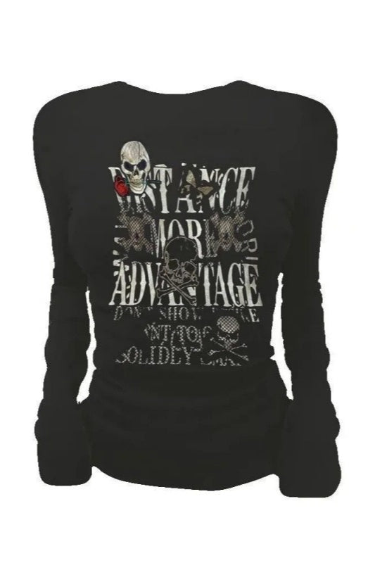 Black Skull Print Vintage E-girl Slim Long Sleeve Knit Top Main image