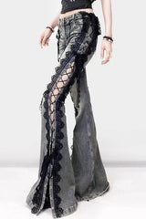 Y2K Retro Lace-Up Split Slim Flare Denim Pants