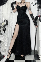 Black Glitter Cutout Slit Maxi Dress