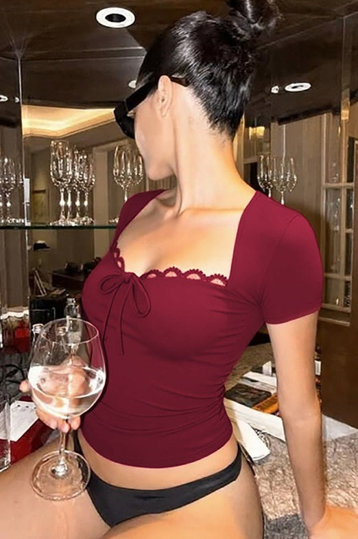 Scalloped Neck Tie Front T-Shirt
