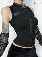 Gothic Slim Fit Cross Tie Back Sleeveless Mesh Top
