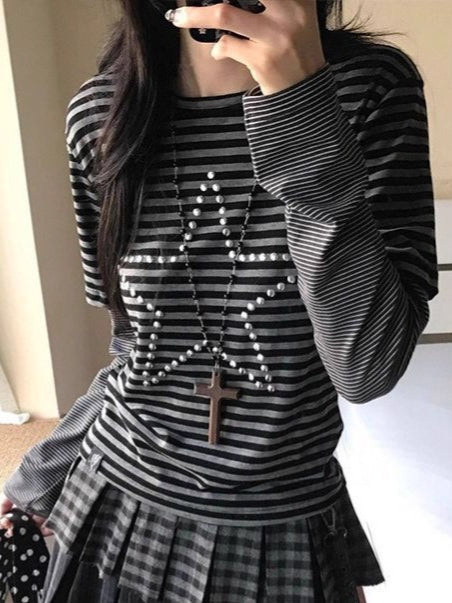 Stripe Layered Star Rhinestone Crew Neck Long Sleeve T-shirt Main image