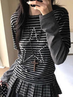 Stripe Layered Star Rhinestone Crew Neck Long Sleeve T-shirt