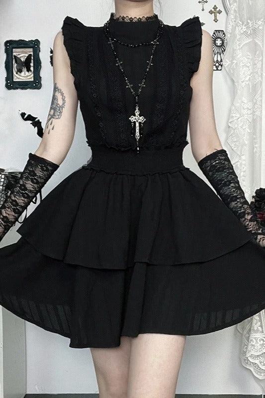 Dark Alt Gothic Sleeveless Lace Patchwork Slim Waisted Mini Dress Secondary image