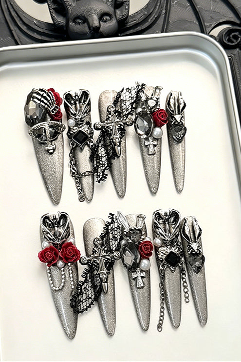 Gothic Black Red Rose Press On Nails