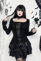 Square Neck Ribbon Lace Up Long Sleeve Top