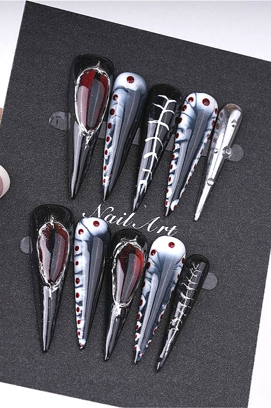 Gothic Silver Trim Blood Spot Press On Nails