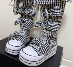 Checkered Round Toe Knee-High Butterfly Knot Boot