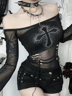 Cross Rhinestone Flare Sleeve Mesh Top