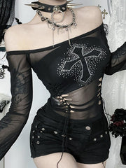 Cross Rhinestone Flare Sleeve Mesh Top