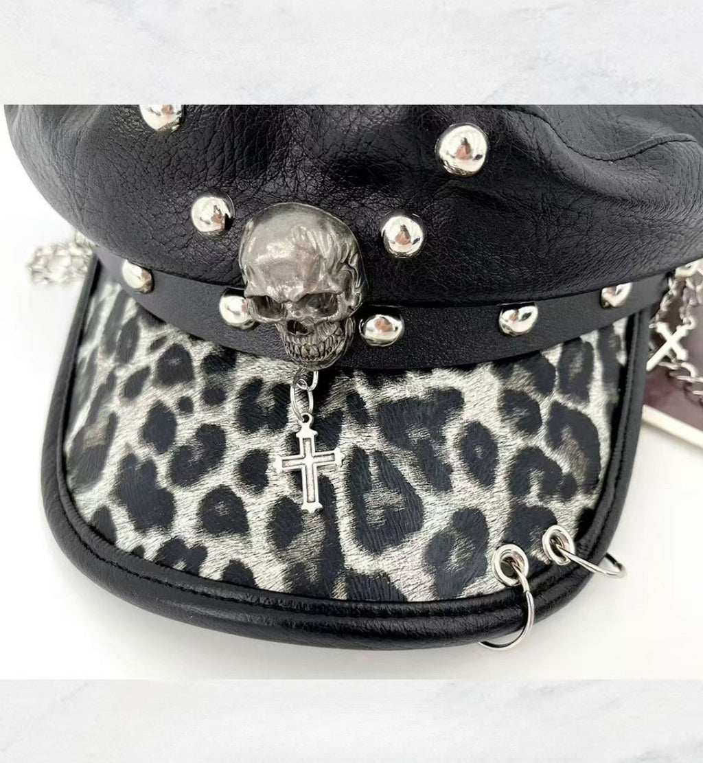 Punk Leopard Print Leather Beret Hat