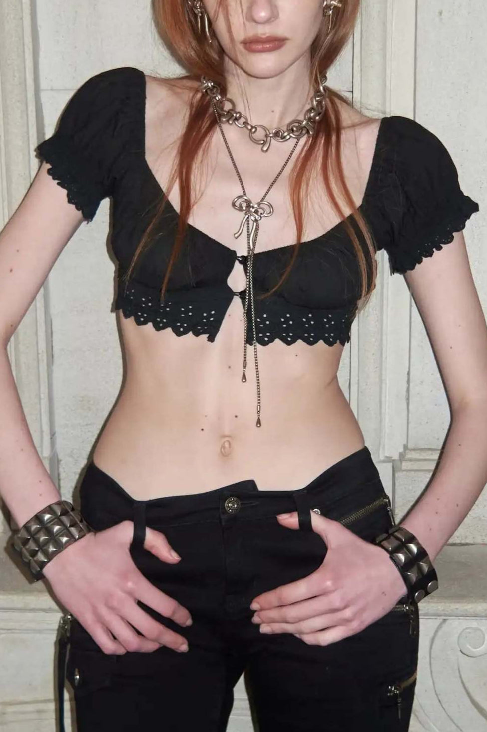 Eyelet Lace Short Sleeve Crop Tops Main image