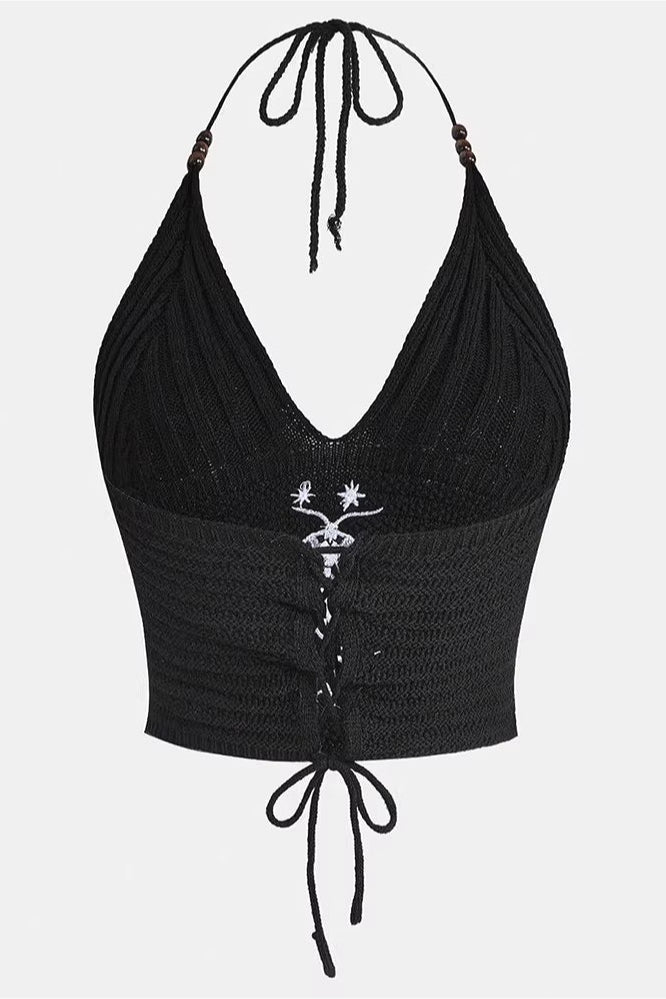 Gothic Moth Embroidery Halter Top