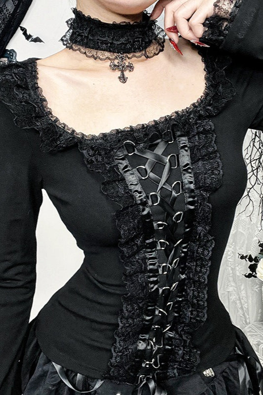 Square Neck Ribbon Lace Up Long Sleeve Top