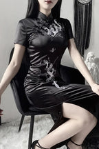 Dark Retro Disc Buckle Embroidered Slim Maxi Dress