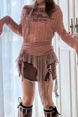 Edgy Y2K Graffiti Print Ruffle Knit Top