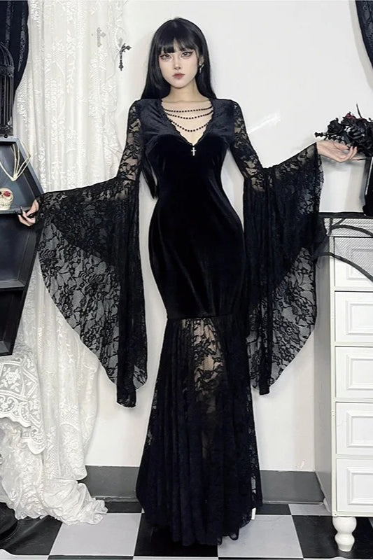 Gothic Velvet Lace Bell Sleeve Vintage Halloween Maxi Dress Secondary image