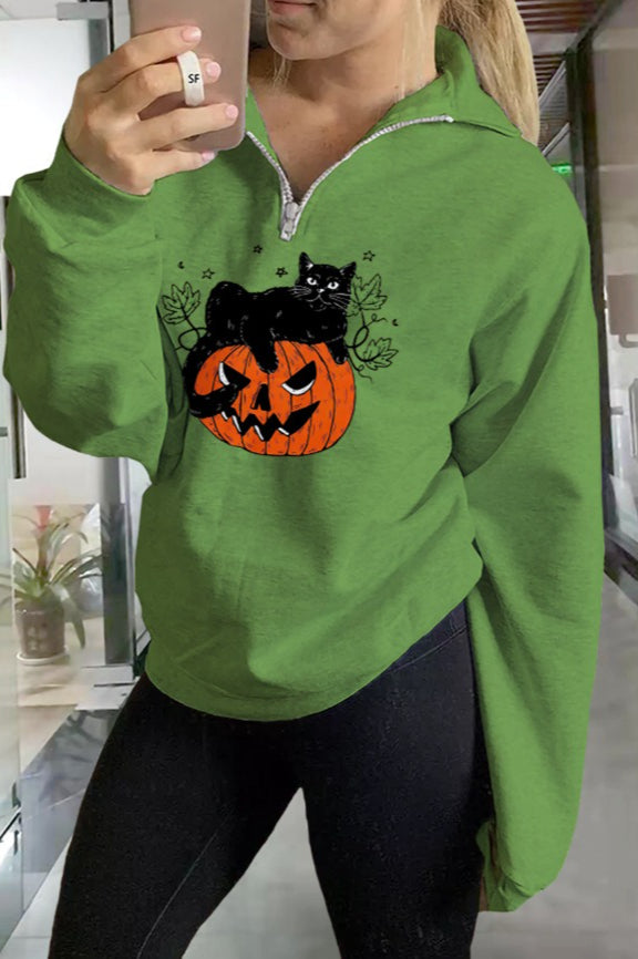 Halloween Pumpkin Cat Print Cotton Hoodie Secondary image