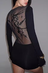 Sexy Dark Print Sheer Mesh Top