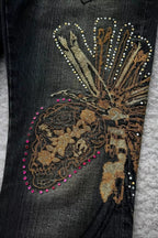 Embroidered Wing Washed Flare Jeans