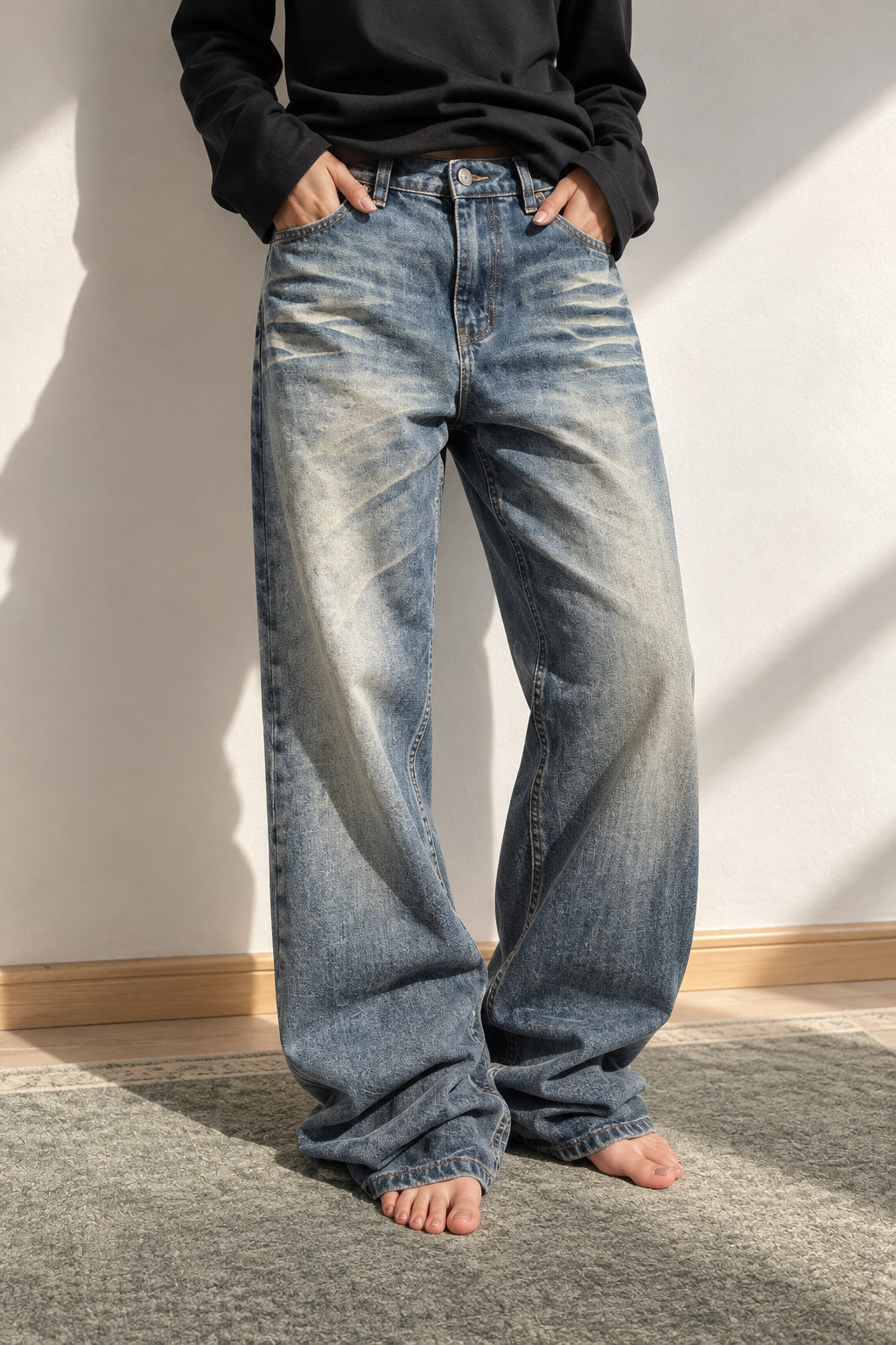 Embroidered Slouchy Straight Denim Trousers