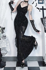 Goth Dark Flocking Print Halter Bandage Maxi Dress