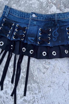 Star Print Washed Denim Pleated Mini Skirt