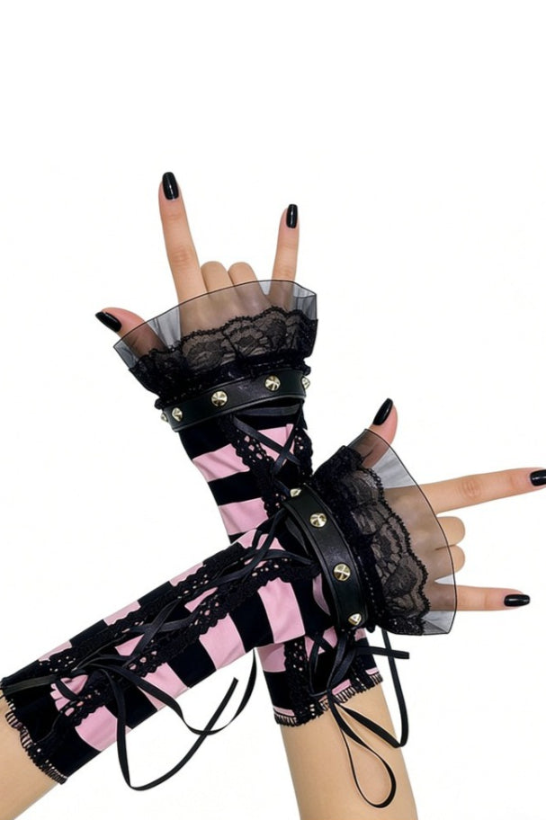 Pink Striped Lace Up Gloves